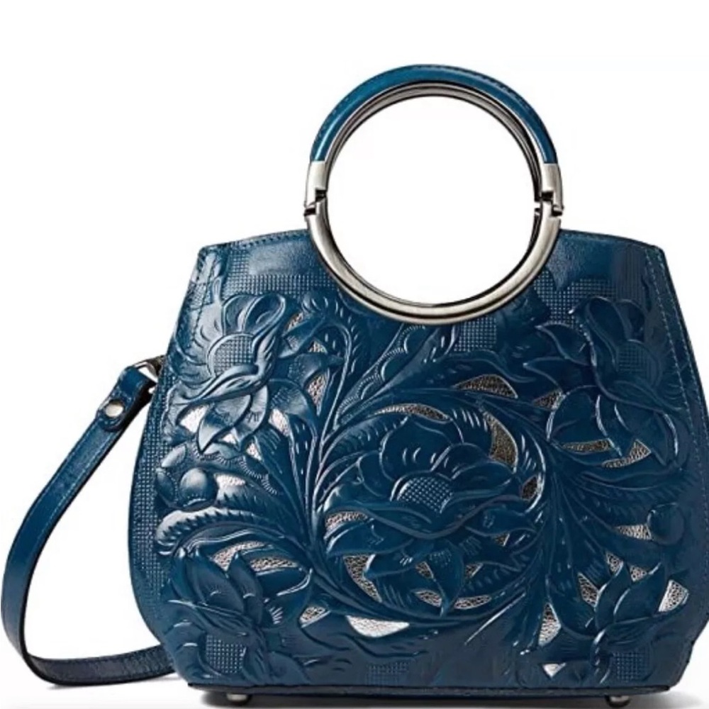 Patricia Nash Womens Aria Tooled Leather Crossbody Satchel Caribbean Blue Bag